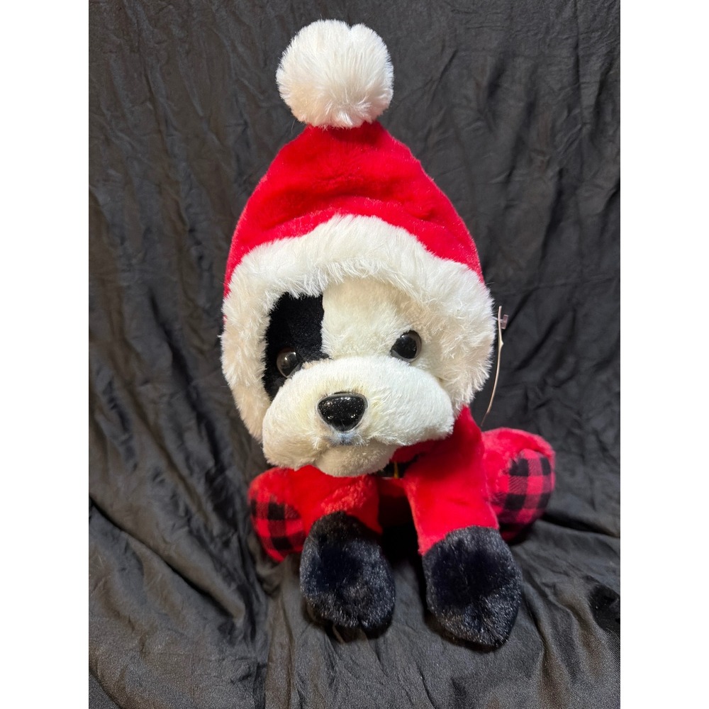 Holiday Time Christmas Plush Black White Dog Santa Suit Buffalo Plaid 9.5 inch
